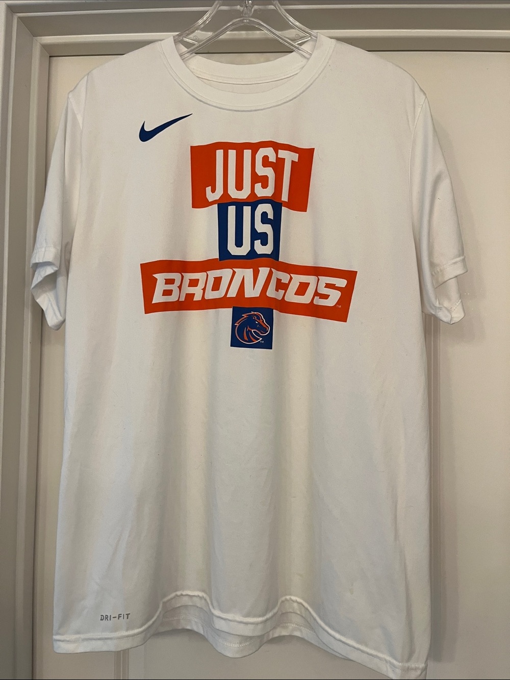 Nike White Tee with Orange and Blue Broncos Graphic